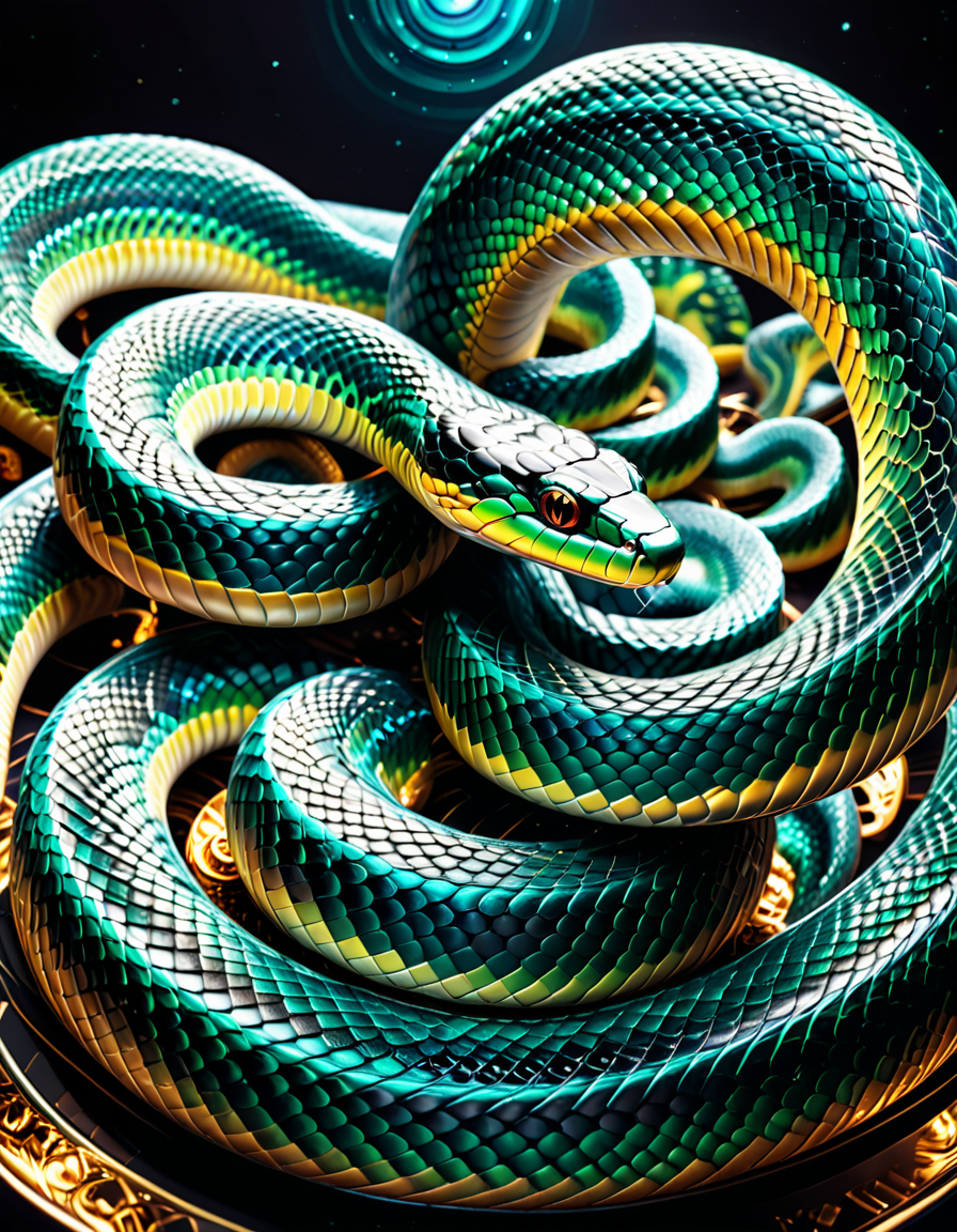 "A mesmerizing serpent forming an infinite loop (â), its scales reflecting fractals, galaxies, and microscopic worlds, glowing iridescently, surrounded by a cosmic void, interactive textures emitting soft vibrations, surreal blend of science fiction and nature, ultradetailed and captivating design." <lora:SDXLFaeTastic2400:0.4> <lora:extremely_detailed:0.4> extremely detailed, <lora:sn4ke:1>,sn4ke, Masterpiece,best quality,hi res,8k,hi res,8k,award winning,(sharp focus, intricate, highly detailed),