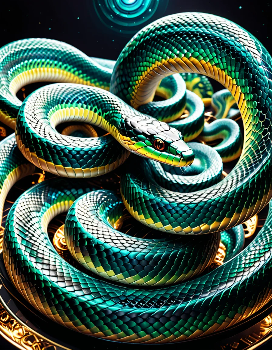 "A mesmerizing serpent forming an infinite loop (â), its scales reflecting fractals, galaxies, and microscopic worlds, glowing iridescently, surrounded by a cosmic void, interactive textures emitting soft vibrations, surreal blend of science fiction and nature, ultradetailed and captivating design." <lora:SDXLFaeTastic2400:0.4> <lora:extremely_detailed:0.4> extremely detailed, <lora:sn4ke:1>,sn4ke, Masterpiece,best quality,hi res,8k,hi res,8k,award winning,(sharp focus, intricate, highly detailed),