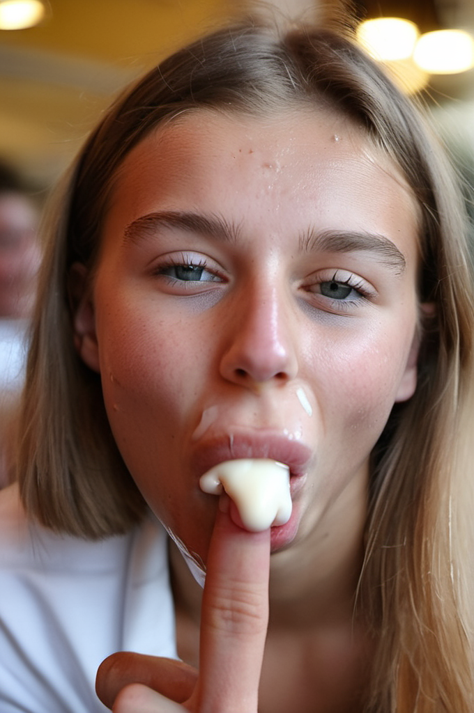 Photo of 18 year old hot European woman sitting right in front of me sucking liquid dripping cream from her finger, suck one finger, looking very pleased at viewer, wet mouth, background a public cafe with audience, natural light