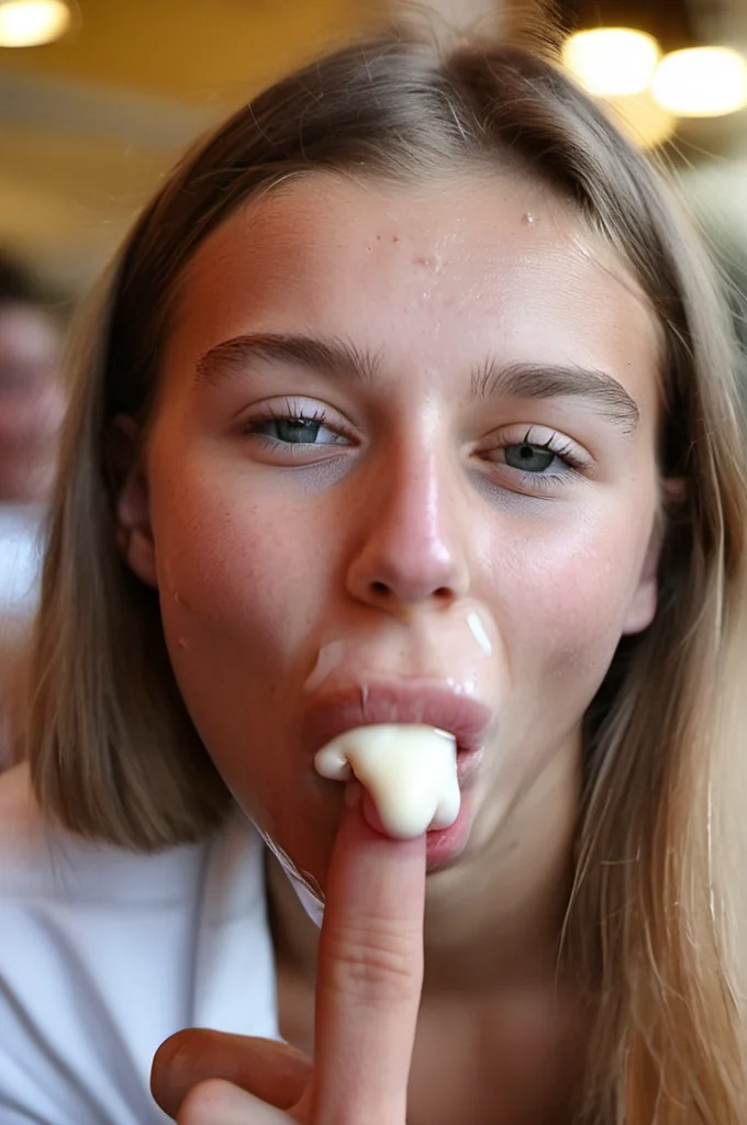 Photo of 18 year old hot European woman sitting right in front of me sucking liquid dripping cream from her finger, suck one finger, looking very pleased at viewer, wet mouth, background a public cafe with audience, natural light