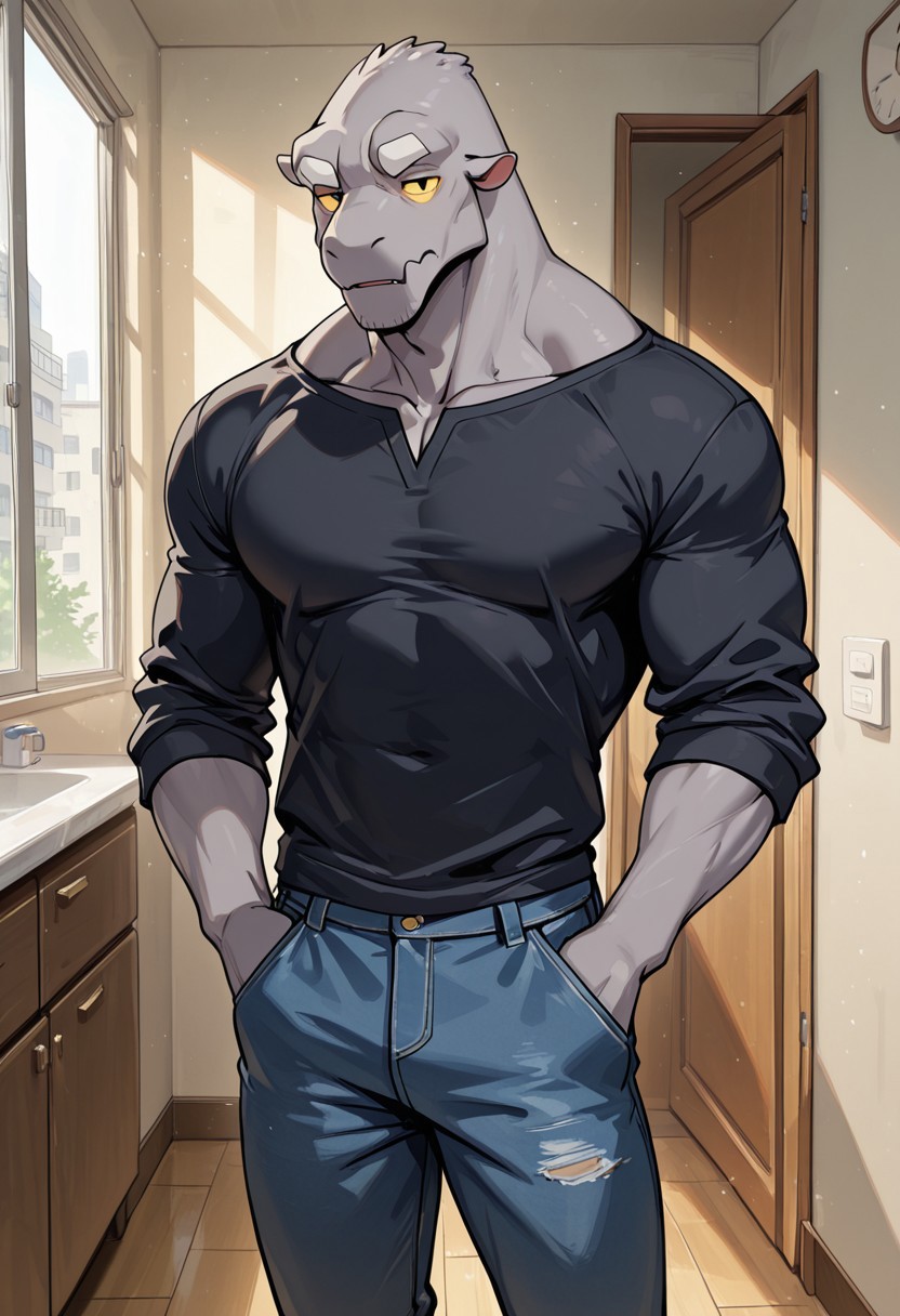 masterpiece, best quality, amazing quality, very aesthetic, absurdres, newest,  high quality, detailed, male, solo male, Leeds, 1boy, mature male, male, athletic build, anthro, monster, grey skin, white eyebrows, animal ears, black eyes, yellow sclera, broad shoulders, black shirt, jeans, indoors, apartment, looking at viewer, standing, half body, volumetric lighting, hands in pockets