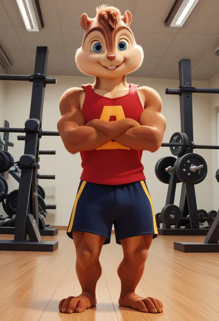 Score_9, score_8_up, score_7_up, source_furry, Alvin Seville, chipmunk, chipmunk male, furry male, furry, 3d, render, movie screencap, blue eyes, muscular body, muscles arms, muscular legs and thighs, red tank top, gym shorts, barefoot, gym, machines, smiling, crossed arms, looking at viewer, <lora:Alvin _Seville __Alvin_and_the_Chipmunks__CG_Movie_version:0.8>