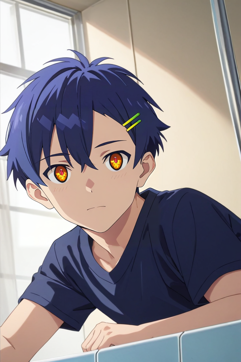 score_9, score_8_up, score_7_up, source_anime, rating_safe, , (photorealistic:0.6), looking at viewer, , 1boy, solo, male focus, <lora:yomogi_asanaka_pony:0.76>, yomogi_asanaka, blue hair, orange eyes, short hair, bangs, hair between eyes, hairclip, hair ornament, , panorama, bathroom, day, lying, on stomach, sparkling eyes, , <lora:sdxl_lightning_8step_lora:1>