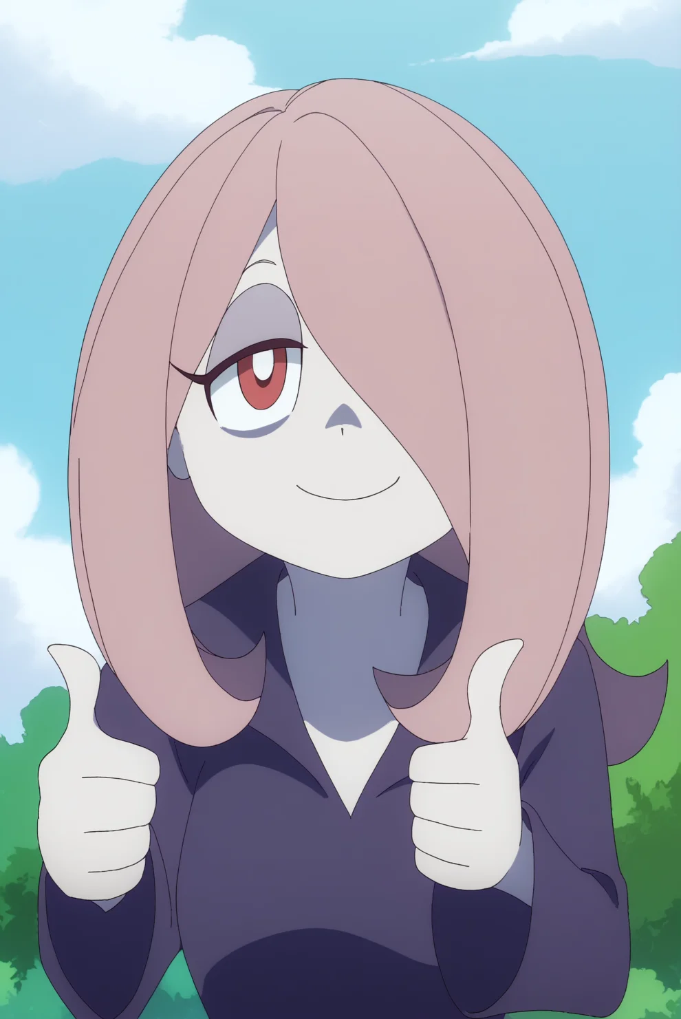 smiling, thumbs up to viewer, friendly, helpful, cheerful expression, Sucy Manbavaran, solo <lora:Little_Witch_Academia-Sucy_Manbavaran-PDXL:0.8>