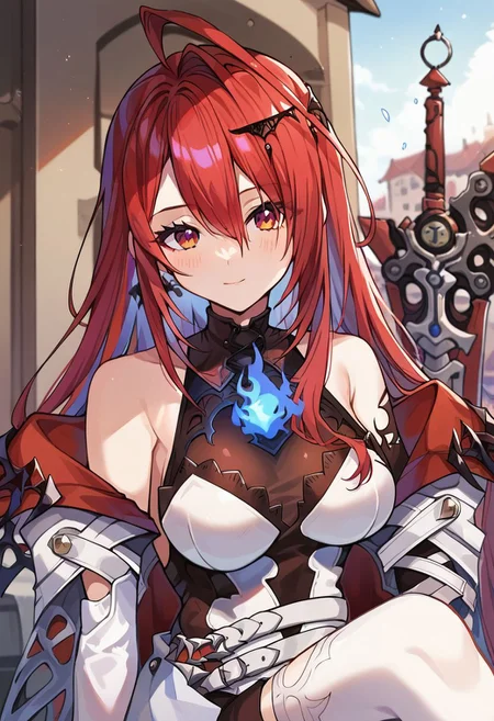 score_9, score_8_up, score_7_up, source_anime, 1girl, outdoors, day,
BREAK ,
red hair, red eyes, ahoge, blue fire,erb_main, asymmetrical gloves, asymmetrical dress, open jacket, off shoulder, white belt, sword, holding,
