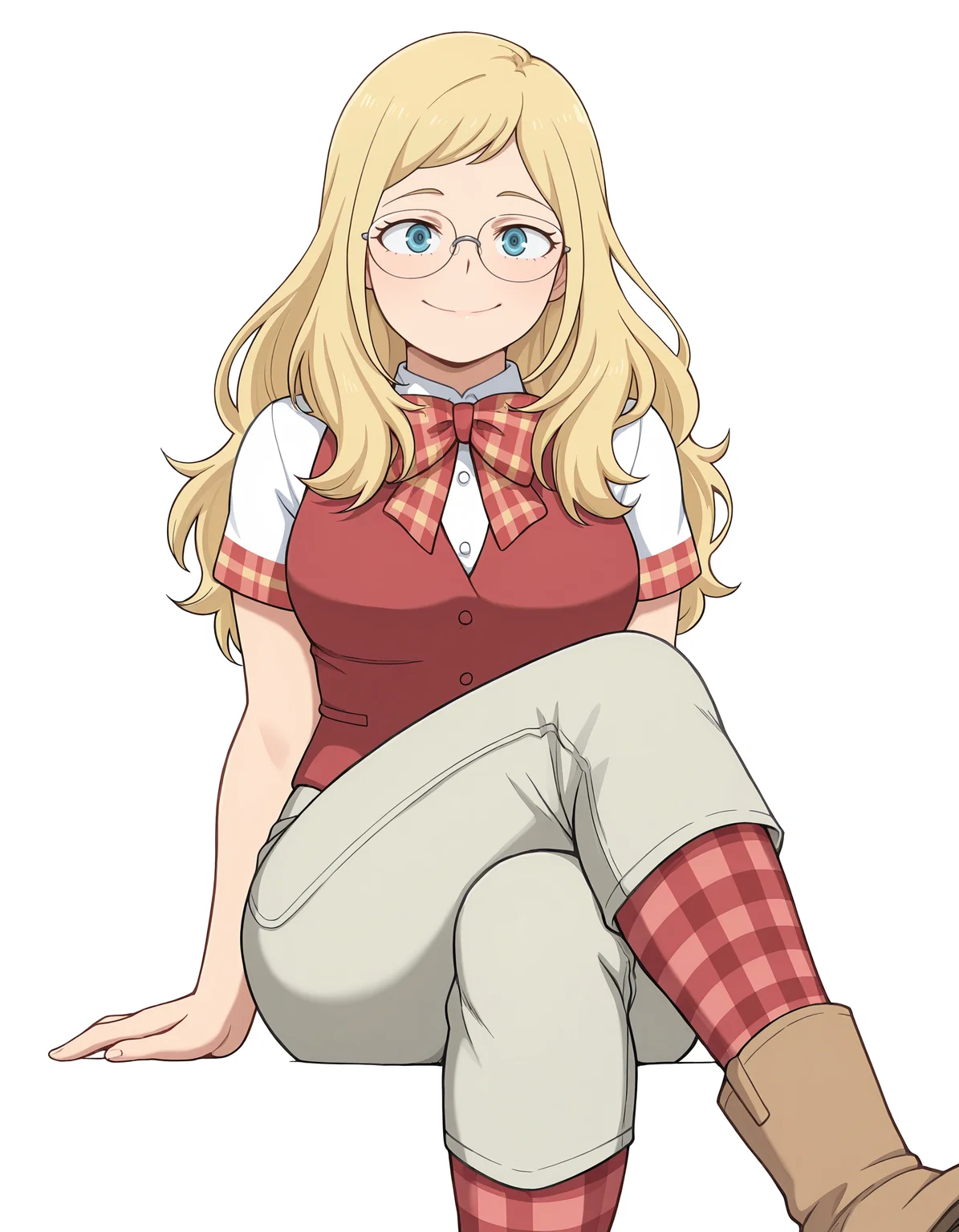 <lora:Melissa Illu:1>
1girl, solo,
mel1ssa, blonde hair, long hair, blue eyes, glasses,
white shirt, red vest, short sleeves, plaid bowtie, plaid stockings, gray pants, buttons, brown boots,
sitting, crossed legs, looking at viewer, closed smile,
simple background, white background,, masterpiece, best quality, amazing quality