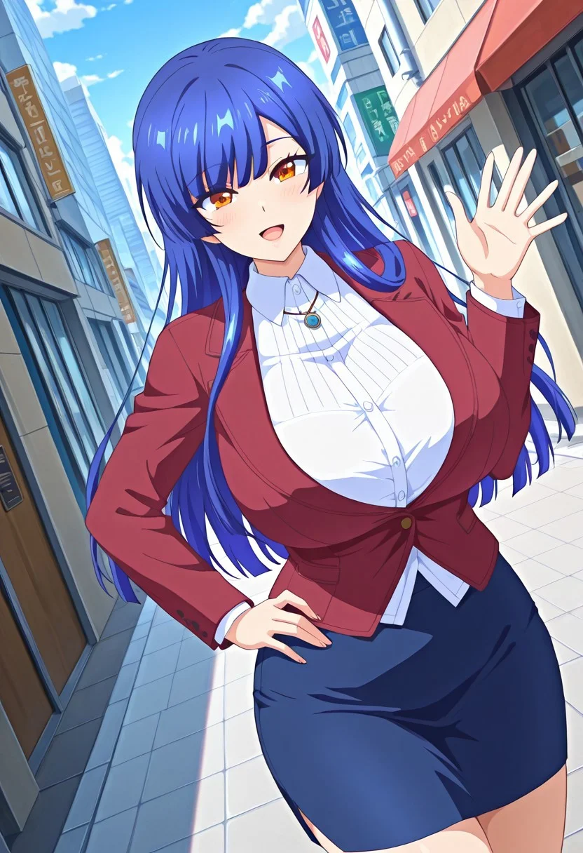 general,highres, ultra-detailed,very aesthetic,best quality ,best hands,best eyes,easynegative,
dynamic anglre, dutch angle, anime cloring,
1girl solo,looking at viewer,smile, open mouth, hand on hip,city,street, waving hand,
Risako Kashima,blue hair, long_hair, amber eyes, huge_breasts,shirt,skirt, jacket,