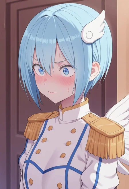 masterpiece,best quality,amazing quality, nonoa, blue hair, blue eyes, short hair, 1girl, solo, epaulettes, hair ornament, blush, sweat, closed mouth, wings