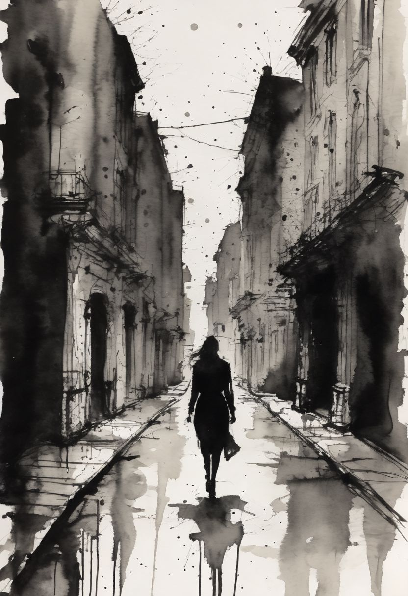 ink illustration, hauntingly beautiful scene of a woman walking through an empty city, color ink splashes, rough ink sketch