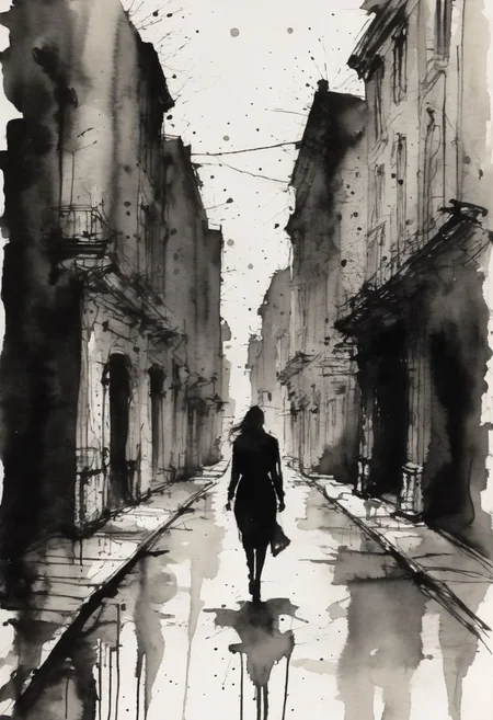ink illustration, hauntingly beautiful scene of a woman walking through an empty city, color ink splashes, rough ink sketch