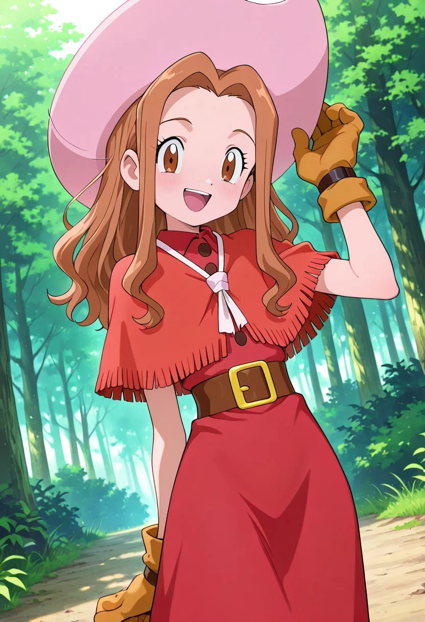 masterpiece, best quality, newest, absurdres, highres,
cowboy shot, standing up, looking at viewer,
1girl, solo, (Mimi Tachikawa \(Digimon Adventure\), brown eyes, light brown hair, wavy hair, pink hat, western-style red dress with a buttoned poncho, brown gloves, small waist),
happy, mouth open, forest, hand on hat, hat string tied, arm down, hand down,