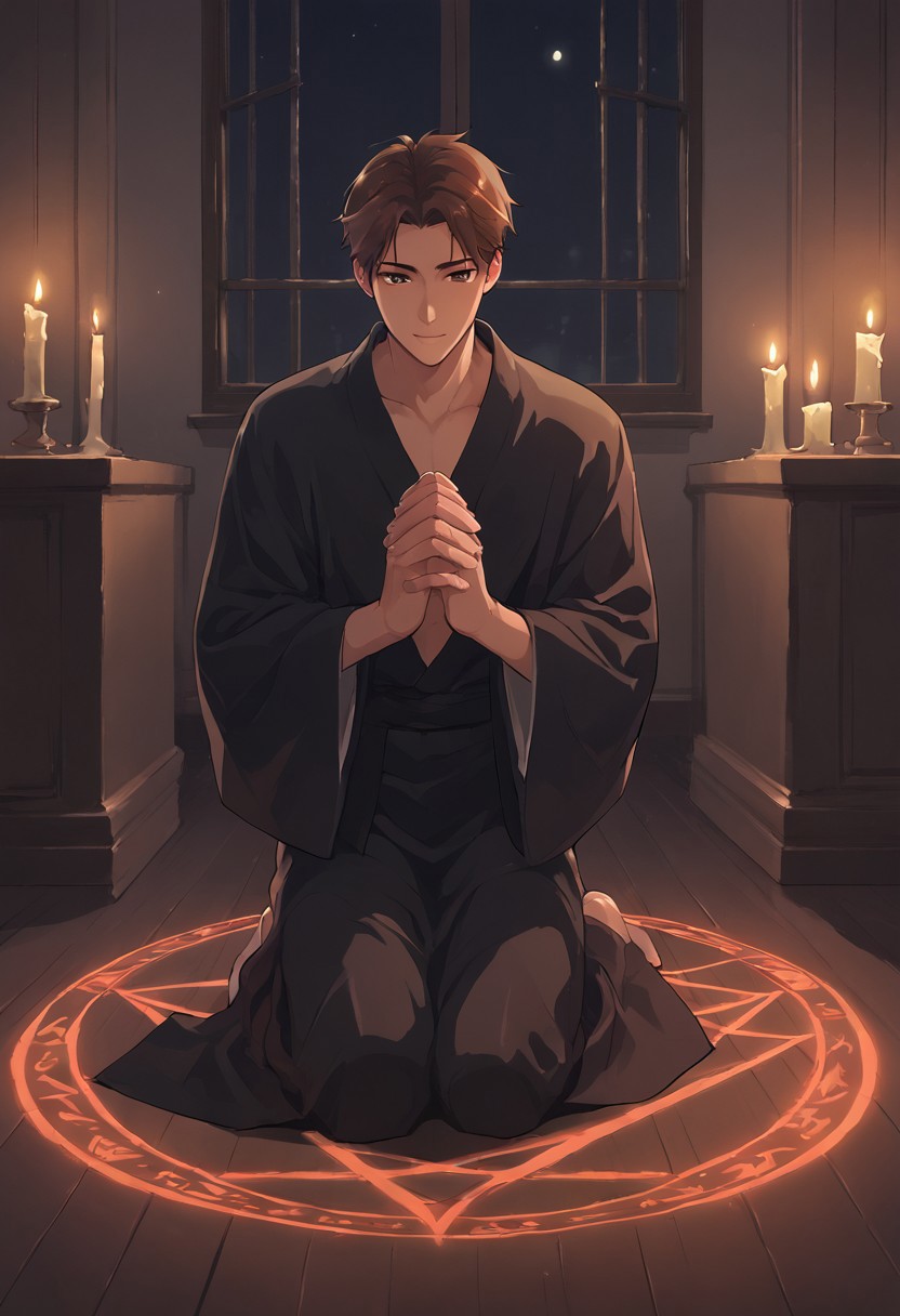 takeda hiromitsu style, score_9_up, score_8_up, score_7_up,
private area, night, ((soft style 2)), bedroom, pentagram on the floor, candlelight, ritual, 1 male, male kneeling, praying, brown hair, skinny, buff, black robe, chalk on the floor, pentagram,