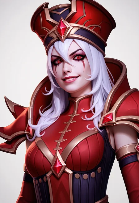 score_9, score_8_up, score_7_up, BREAK,
realistic,render,blender \(medium\),
1girl, sallywhitemane, white hair, long hair, red eyes, makeup,
hat, armor, corset, pauldrons, pelvic curtains,
upper body, evil smile, looking at viewer, solo, simple background, white background <lora:SallyWhitemaneXL:1>