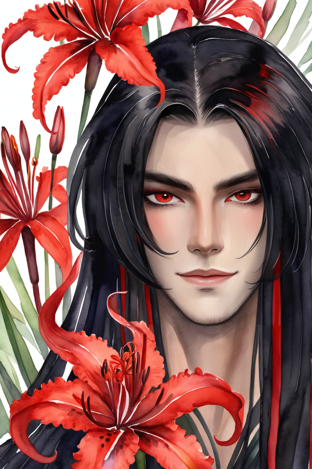 Watercolor painting male, black long hair, multicolored hair, red eyes, portrait, watercolor style, lycoris flowers  <lora:livayXL:0.8> livay . Vibrant, beautiful, painterly, detailed, textural, artistic