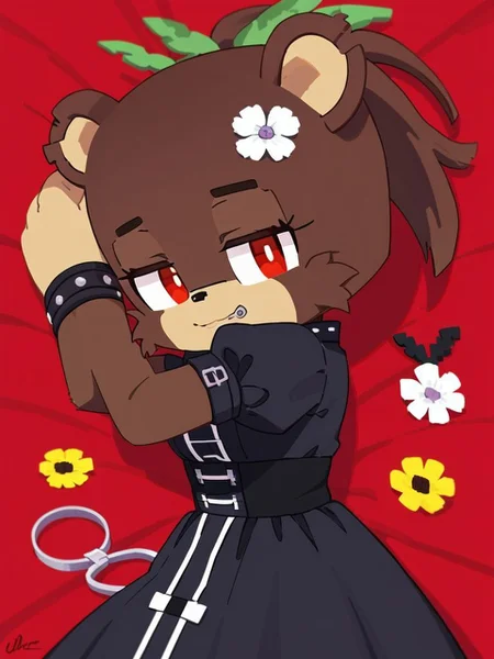 minecraft, score_9_up, score_8_up, furry female, bia, , flower in hair, square_zipper_mouth, teddy bear, solo, red eyes, hugging upper body clothing, velvet, techno fractal texture, protractor, dolman sleeves, mini length, drop waist, color palette,closure type,,cargo straps, draped lower body clothing, sonic soundwave titanium mesh, space-time ripples print, tunic length, natural waist, cross-back,,d-rings,,detachable train, corset closure, lying, from side, blue and red background gradient, <lora:y-Bia_SlipperyT:0.8>, ((art by Twiren))