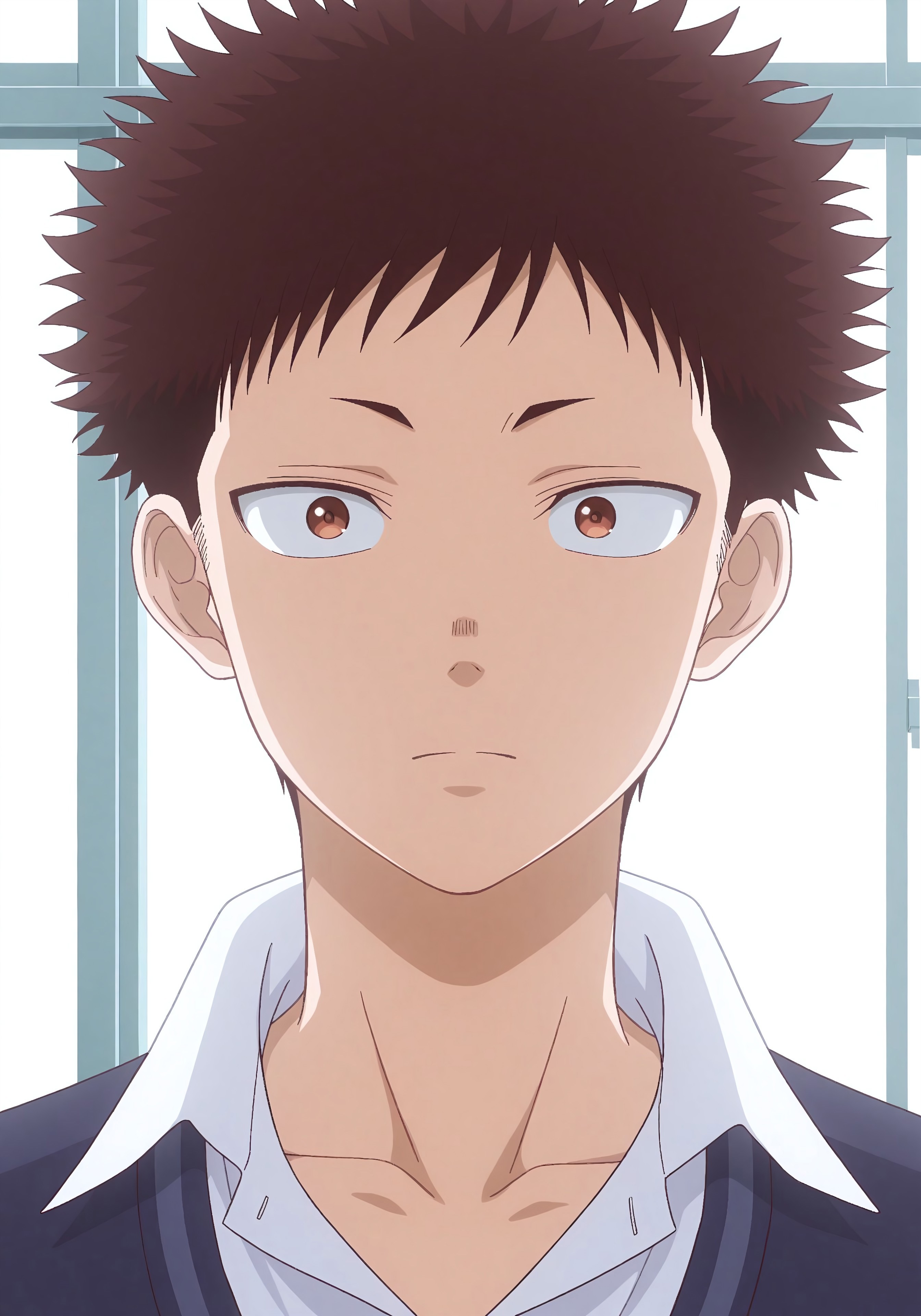 masterpiece, best quality, amazing quality, very aesthetic, high resolution, ultra-detailed, colorful, countershading, intricately detailed illustration, natural lighting, 1boy, male focus, solo, MedakaKuro, brown eyes, short eyebrows, short hair, spiky hair, dark brown hair, sideburns, fair skin, dark blue V-neck sweater with school's crest, white-collared shirt, dark blue pants, portrait, expressionless, 18 years old, anime, screencap,