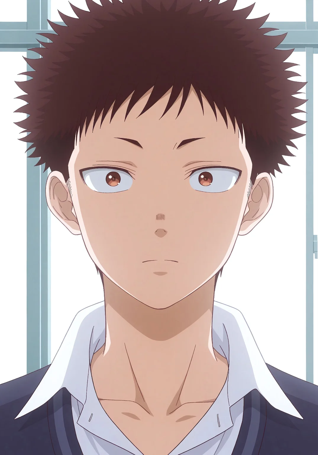 masterpiece, best quality, amazing quality, very aesthetic, high resolution, ultra-detailed, colorful, countershading, intricately detailed illustration, natural lighting, 1boy, male focus, solo, MedakaKuro, brown eyes, short eyebrows, short hair, spiky hair, dark brown hair, sideburns, fair skin, dark blue V-neck sweater with school's crest, white-collared shirt, dark blue pants, portrait, expressionless, 18 years old, anime, screencap,