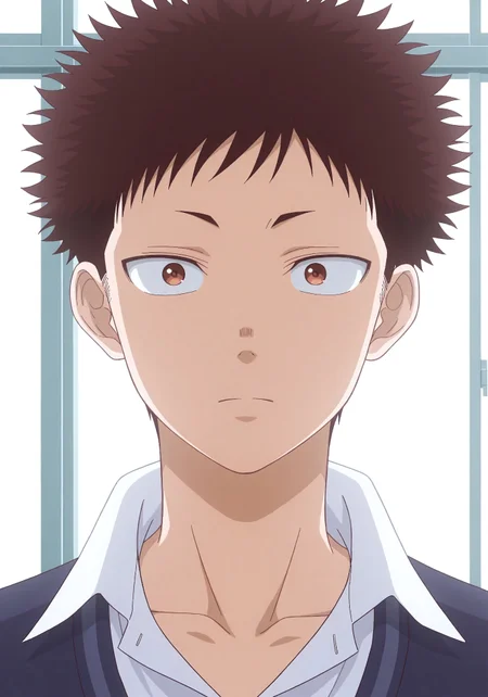 masterpiece, best quality, amazing quality, very aesthetic, high resolution, ultra-detailed, colorful, countershading, intricately detailed illustration, natural lighting, 1boy, male focus, solo, MedakaKuro, brown eyes, short eyebrows, short hair, spiky hair, dark brown hair, sideburns, fair skin, dark blue V-neck sweater with school's crest, white-collared shirt, dark blue pants, portrait, expressionless, 18 years old, anime, screencap,