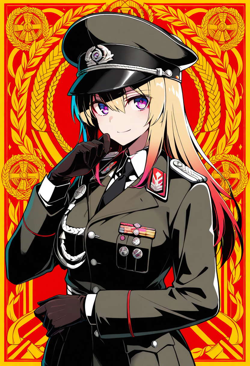 masterpiece, best quality, Graphic Design, color art, vibrant colors, colorful, intricate details, high contrast, detailed background, beautiful detailed, beautiful face, detailed eyes, detailed face, new, newest, 1girl, solo, nv4, hat, uniform, military uniform, gloves, military, military hat, medal, peaked cap, necktie, aiguillette,