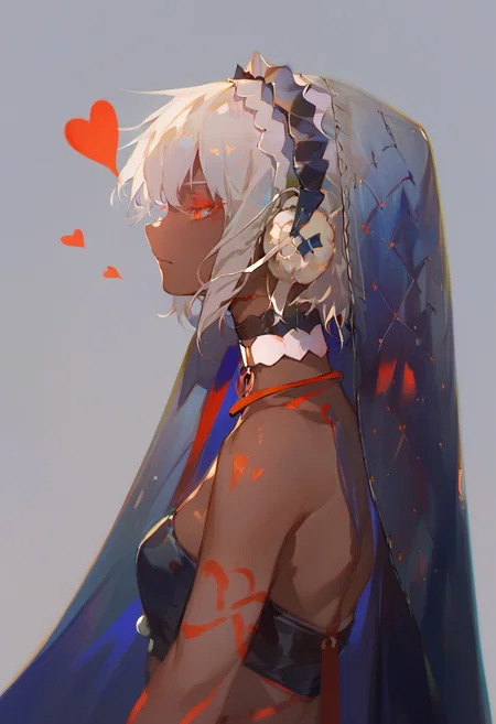 score_9, score_8_up, score_7_up, score_6_up <lora:reiXL_AutC_lokr_V43P1:0.95> 1girl, solo, dark skin, dark-skinned female, altera \(fate\), white hair, earmuffs, profile, portrait, red eyes, simple background, choker, short hair, veil, from side, closed mouth, heart, colored eyelashes