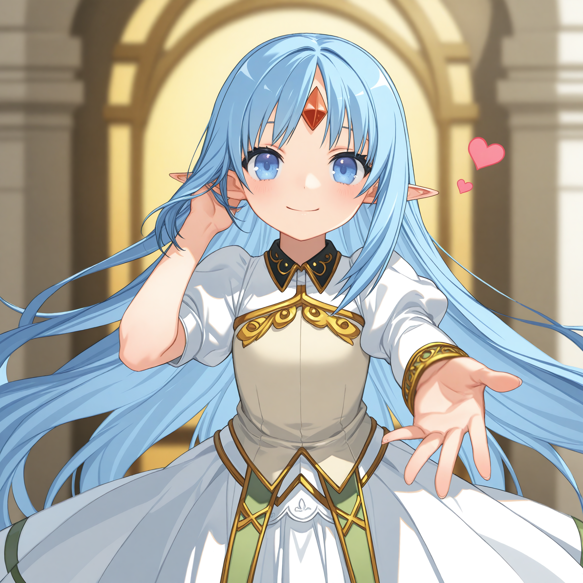 <lora:Reset_1_nai-000037:1>,Reset,
white dress,
1girl,smile,heart,front view,straight-on,solo,hand in own hair,reaching towards viewer,depth of field,