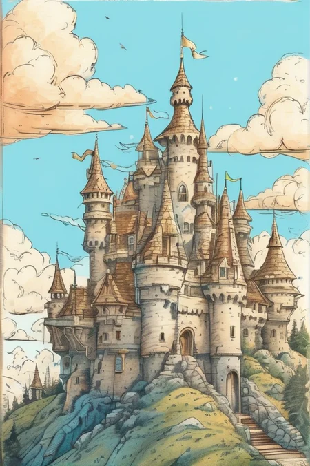 <lora:TQWhimsical Dreams:0.8>,
blue sky, ((low view, from below)), Hand drawn illustration of a castle with detailed schematics of rooms and layout, detailed drawings cross section concept sheet sketch, cloud, cloudy sky, day, fantasy, mountain, no humans, outdoors, scenery, sky, sunset, tower