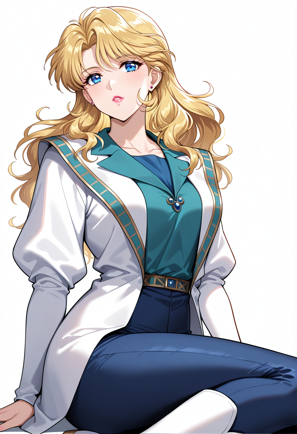 masterpiece, best quality, very aesthetic, absurdres, 1girl, solo,
<lora:tytti_norrback_v01:1.0>, tytti_norrback, blonde hair, long hair, blue eyes,
stud earrings, lipstick, white jacket, puffy long sleeves, shirt, jewelry, blue pants, white boots, posing