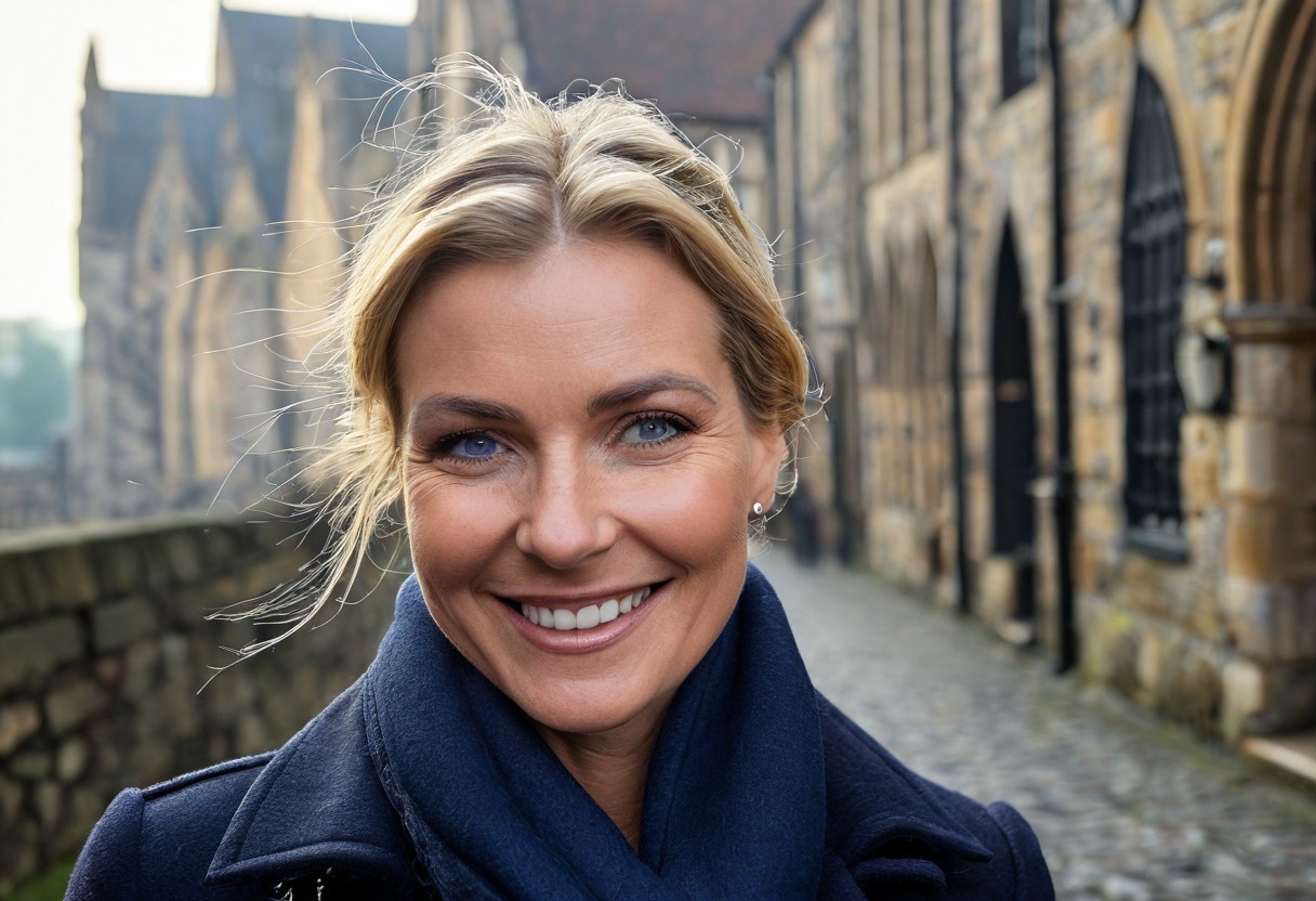 A hyper-detailed, high-resolution (8K) travel portrait of a 40-year-old woman with sleek blonde hair tied back,Her striking blue eyes, natural laugh lines, and subtle wrinkles give her a grounded, elegant charm **Olivia wears a deep navy wool pea coat, scarf loosely wrapped around her neck, as she walks along the ancient stone walls of York Minster. The background shows the cobbled streets and half-timbered buildings of The Shambles, with morning mist adding a soft glow to the scene.**