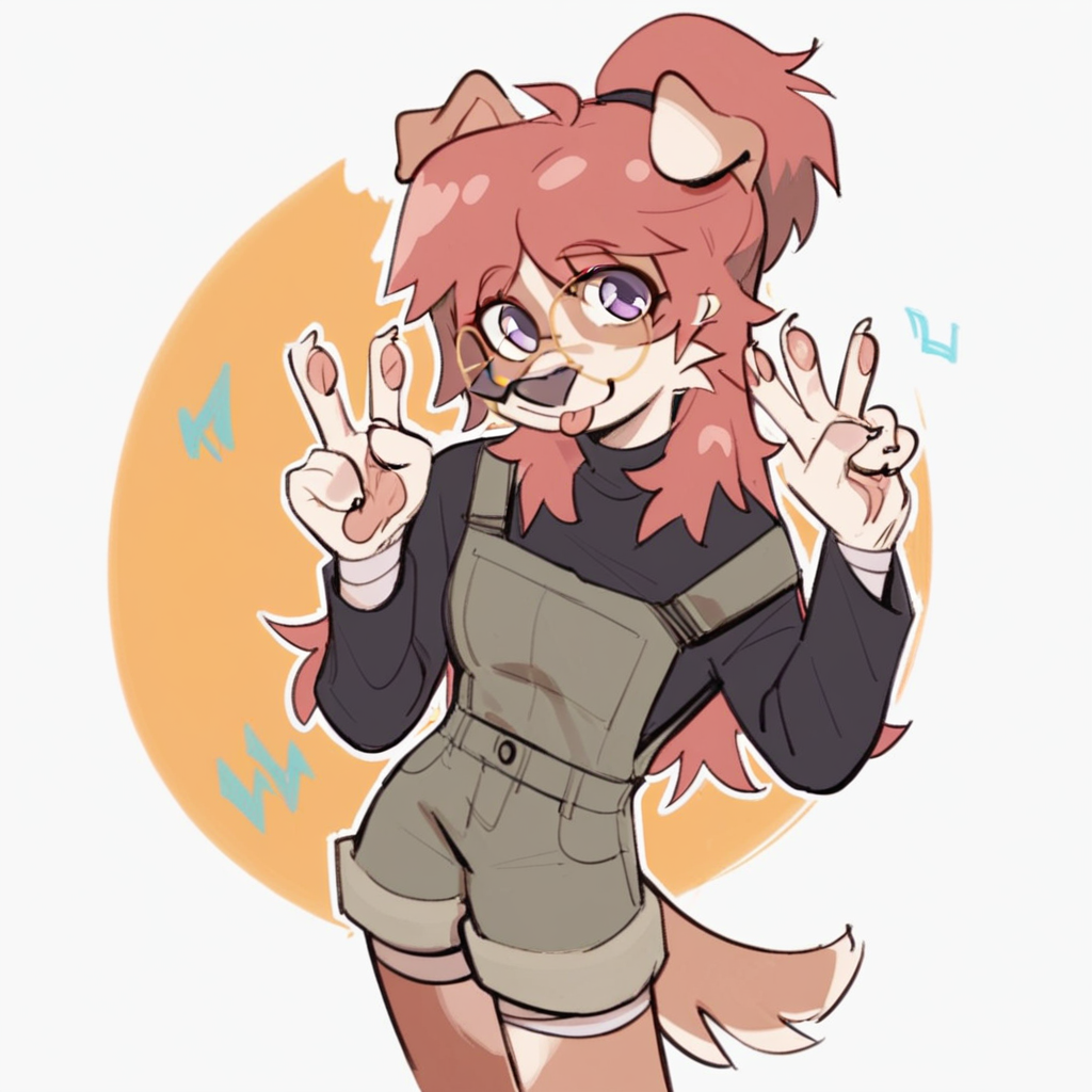 score_9_up, score_8_up, score_7_up, score_6_up, long hair, ponytail, purple eyes, brown fur, round glasses, furry female, dog, female, furry, floppy ears, looking at viewer, solo, smile, happy, gesture, v sign, blep, tongue, three-quarter view, head tilt, overalls, shorts, long sleeves, bandages, standing, tail, simple background, white outline,