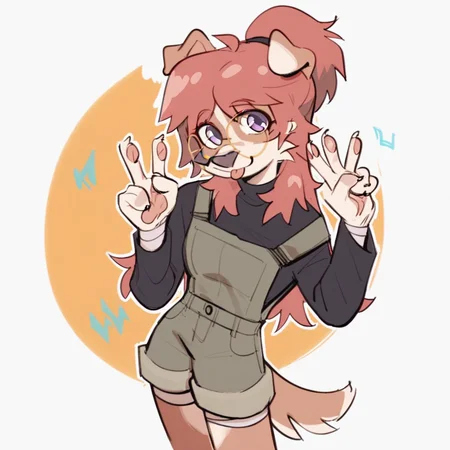 score_9_up, score_8_up, score_7_up, score_6_up, long hair, ponytail, purple eyes, brown fur, round glasses, furry female, dog, female, furry, floppy ears, looking at viewer, solo, smile, happy, gesture, v sign, blep, tongue, three-quarter view, head tilt, overalls, shorts, long sleeves, bandages, standing, tail, simple background, white outline,
