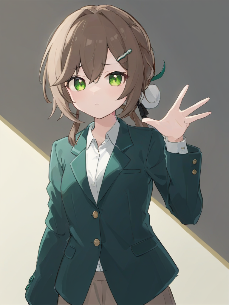 <lora:XL_qingque girl2:1>,qingque girl,green eyes,brown hair,cascadelle\(hairstyle)\,blazer,