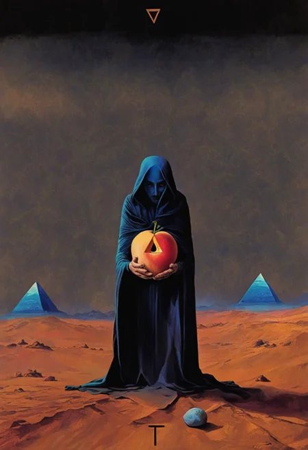Tarot card design for the magician card with Robert Anton Wilson as the magician, in the desert with a pyramid in the background with an eye looking at the magician, mandala, golden Apple, dark vaporwave color palette, Perfect Hands, 3l3ctronics