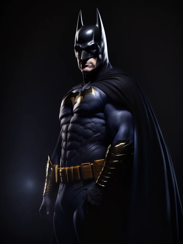 award winning photo of (batman) posing in a dark studio, (rim lighting,:1.4) two tone lighting, octane, unreal, dimly lit, (low key:1.3), to8contrast style