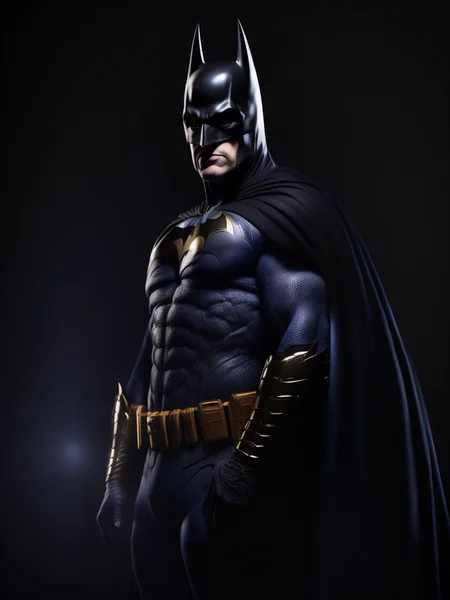 award winning photo of (batman) posing in a dark studio, (rim lighting,:1.4) two tone lighting, octane, unreal, dimly lit, (low key:1.3), to8contrast style