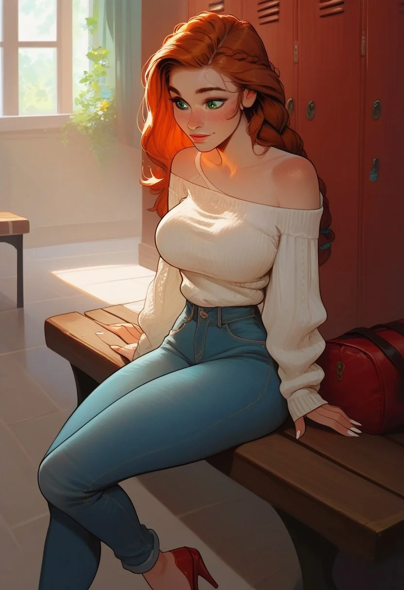 (score_9, score_8_up, score_7_up), vibrant colours, adorable face, big beautiful eyes, cute face, cute cheeks, bright colored eyes, sweaty skin, human girl, (chubby:0.3),
curvy, 
 bright green eyes, lidded eyes,
one big Braid, Long Hair, auburn hair, Long legs, bubble Butt, large Natural breasts, horny, White Long fingernails, milf, Sadie, white knitted jumper, loose jumper, bare Shoulders, Long sleeves, open blue denim jeans, red high heels sandals, open leather bag on bench,
Indoors, 
(Lockerroom, lockers, bench), (bright lighting),