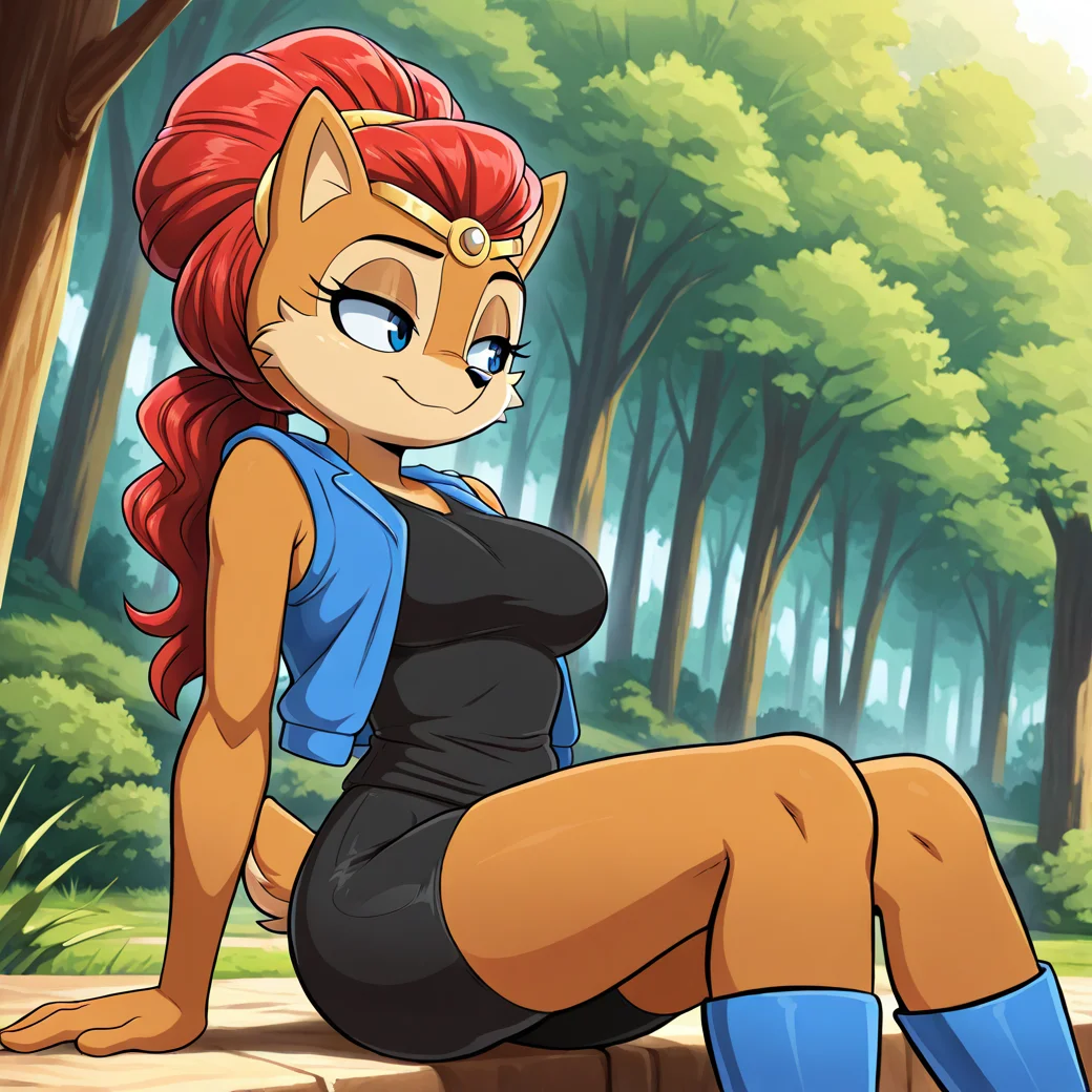 <lora:alicia_acorn_illustrious:1>, (masterpiece), (best quality), (ultra-detailed), amazing quality, very aesthetic, illustration, perfect composition, intricate details, absurdres, incredibly absurdres, aliciaacorn, aliciaacorn, 1girl, solo tiara, outdoors forest, ponytail, wearing black short sleeveless shirt, blue vest, black bike shorts, tail, , body fur, brown fur, two tone fur, red hair, blue eyes, furry female, breasts, short tail, open vest, blue boots, sitting down,