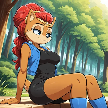 <lora:alicia_acorn_illustrious:1>, (masterpiece), (best quality), (ultra-detailed), amazing quality, very aesthetic, illustration, perfect composition, intricate details, absurdres, incredibly absurdres, aliciaacorn, aliciaacorn, 1girl, solo tiara, outdoors forest, ponytail, wearing black short sleeveless shirt, blue vest, black bike shorts, tail, , body fur, brown fur, two tone fur, red hair, blue eyes, furry female, breasts, short tail, open vest, blue boots, sitting down,