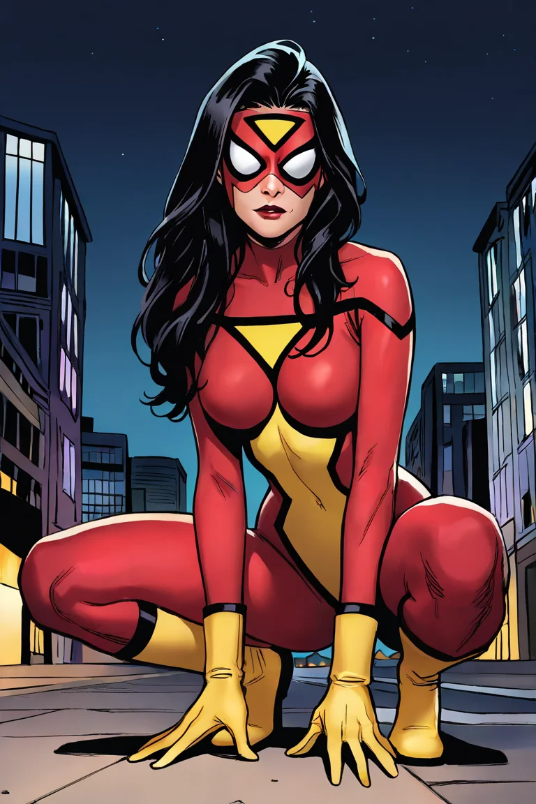 masterpiece, best quality, highres, extremely aesthetic, jessicadrew, 1girl, solo, long hair, black hair, mask, covered eyes, domino mask, lipstick, medium breasts, red bodysuit, multicolored bodysuit, print bodysuit, skin tight, yellow boots, yellow footwear, looking at viewer, squatting, full body, outdoors, city, building, night, night sky <lora:Spider-Woman (Jessica Drew) v1.0 [LoRA] - NoobAI-XL EPS 1.0:0.8>