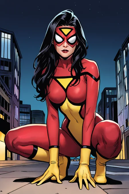 masterpiece, best quality, highres, extremely aesthetic, jessicadrew, 1girl, solo, long hair, black hair, mask, covered eyes, domino mask, lipstick, medium breasts, red bodysuit, multicolored bodysuit, print bodysuit, skin tight, yellow boots, yellow footwear, looking at viewer, squatting, full body, outdoors, city, building, night, night sky <lora:Spider-Woman (Jessica Drew) v1.0 [LoRA] - NoobAI-XL EPS 1.0:0.8>