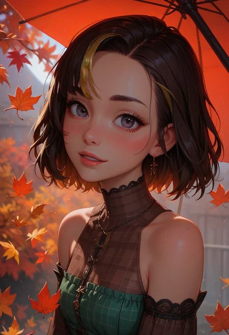score_9, score_8_up, score_7_up, score_6_up,
1girl, 25 years old, perfect face, looking at viewer, cute, petite,
dark eyes,
bob cut, inverted bob, streaked hair, brown hair, yellow hair,
plaid clothes, plaid dress, brown dress, green dress, strapless dress, off-shoulder dress,
umbrella, brown frilled umbrella,
autumn, autumn leaves,
blush, shy smile,
portrait, face focus, detailed face,