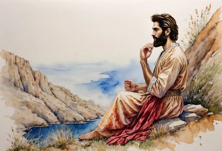 1boy, Cyrus the great, solo, Black pen painting style, sketch with watercolor, beauty, full body sketch, sitting on cliff, looking out the meadow, wearing a long dress, expressed with splashes of color.
The representation of the character's face is very delicate and realistic.