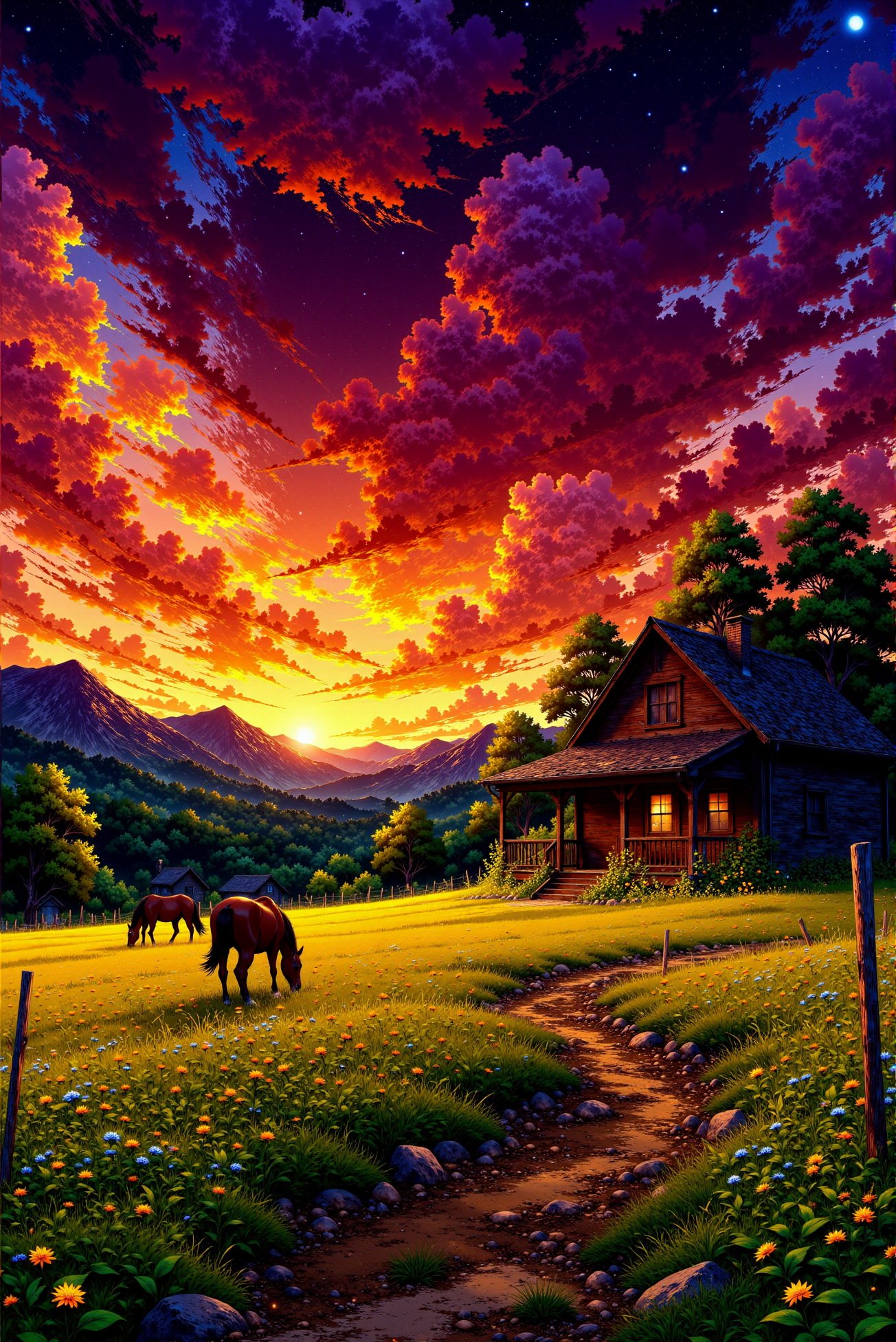 <lora:Vibrant_Glow_style:0.8> VibrantGlow style.
The image is a vibrant, digital painting with a dramatic, realistic style. The scene depicts a serene rural setting at sunset, with a log cabin as the central focus. The cabin, positioned on the right side of the image, has a weathered wooden exterior and a cozy, inviting aura, with a lit window emitting a soft, warm glow. It appears to be a rustic, secluded dwelling with a small porch and a chimney. In the foreground, a dirt path meanders from the lower right corner, leading the viewer's eye towards the cabin. This path is bordered by lush, green grass and dotted with small wildflowers, adding a splash of color. The grass is speckled with small, twinkling firefly-like lights, creating an enchanting, magical effect. Two brown horses are grazing on the left side of the path, their manes and tails slightly visible as they peacefully graze. The background features a range of green mountains bathed in the warm, golden hues of sunset. The sky above is a breathtaking canvas of deep reds, oranges, and purples, with swirling, dramatic clouds that contrast starkly with the serene landscape below.