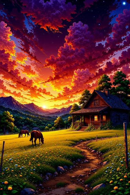 <lora:Vibrant_Glow_style:0.8> VibrantGlow style.
The image is a vibrant, digital painting with a dramatic, realistic style. The scene depicts a serene rural setting at sunset, with a log cabin as the central focus. The cabin, positioned on the right side of the image, has a weathered wooden exterior and a cozy, inviting aura, with a lit window emitting a soft, warm glow. It appears to be a rustic, secluded dwelling with a small porch and a chimney. In the foreground, a dirt path meanders from the lower right corner, leading the viewer's eye towards the cabin. This path is bordered by lush, green grass and dotted with small wildflowers, adding a splash of color. The grass is speckled with small, twinkling firefly-like lights, creating an enchanting, magical effect. Two brown horses are grazing on the left side of the path, their manes and tails slightly visible as they peacefully graze. The background features a range of green mountains bathed in the warm, golden hues of sunset. The sky above is a breathtaking canvas of deep reds, oranges, and purples, with swirling, dramatic clouds that contrast starkly with the serene landscape below.