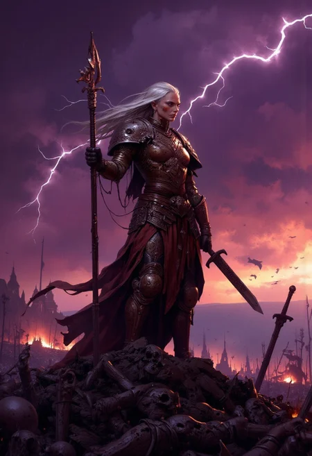 "in center of purple storm rain red lightinings, An elderly heroine clad in a worn, battle-scarred armor stands atop a pile of defeated enemies, gazing calmly at the distant horizon. Her long, gray hair flows in the wind, adding a sense of quiet resilience to her presence. Both hands rest firmly on the hilt of an aged and weathered sword planted into the ground.golden glow over the scene, highlighting the serenity in her gaze, which contrasts with the carnage below. The atmosphere is a mix of solemn victory and timeless strength, with muted tones of earthy browns, greys, and fiery oranges dominating the palette."