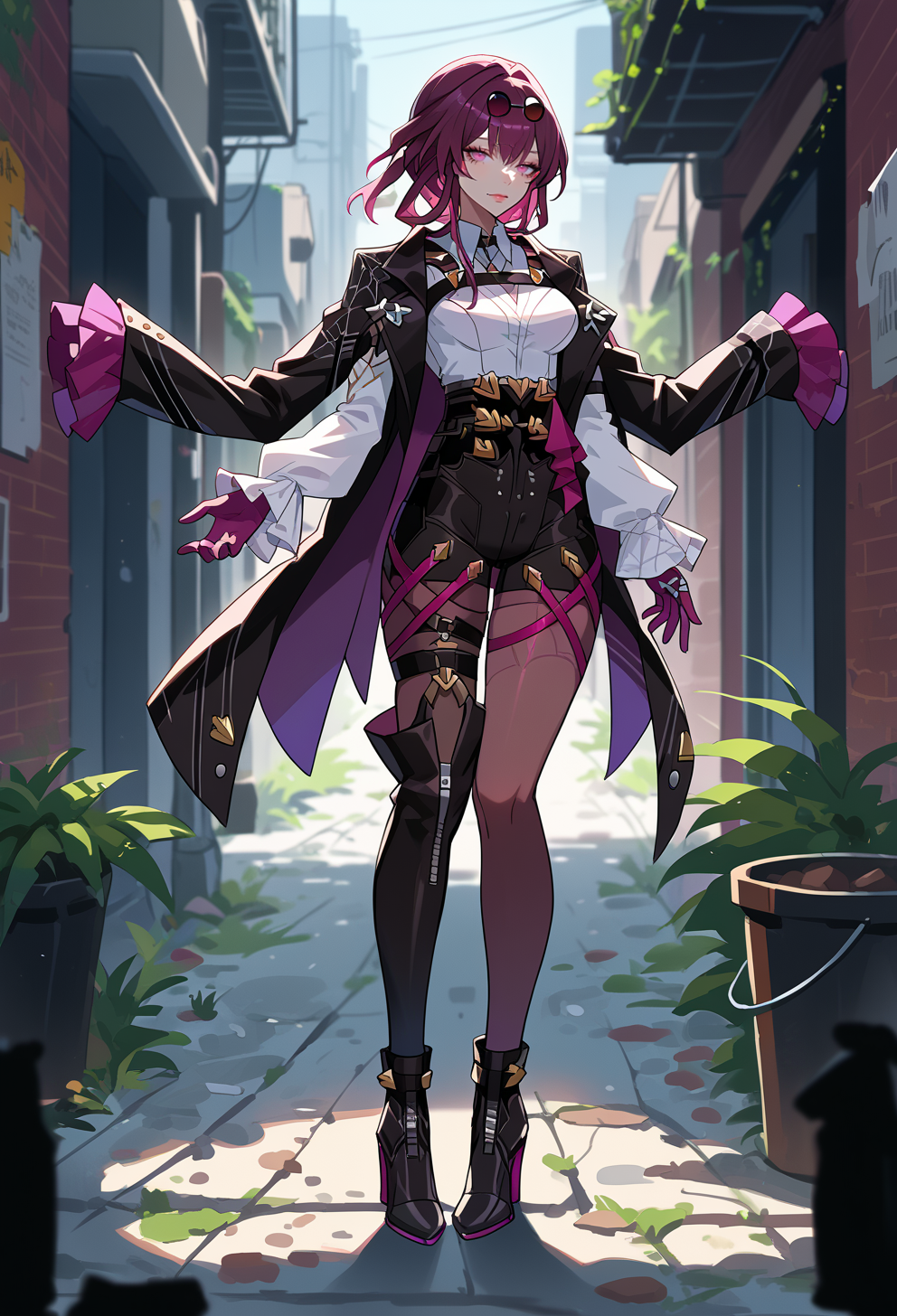 score_9, score_7_up, source_anime, BREAK solo, standing, backstreet alley, <lora:AEKafka:0.9>  aekafka, arm belt, asymmetrical footwear, black footwear, black shorts, high-waist shorts, chest harness, collared shirt, high heel boots, jacket on shoulders, pantyhose under shorts, purple pantyhose, purple gloves, single thigh boot, sunglasses, thigh strap,