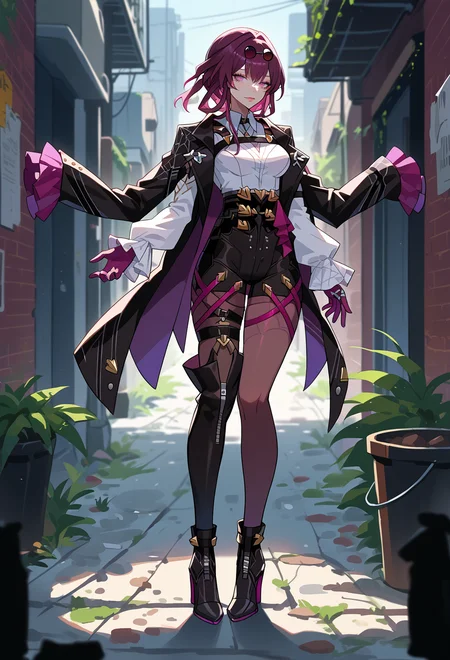score_9, score_7_up, source_anime, BREAK solo, standing, backstreet alley, <lora:AEKafka:0.9>  aekafka, arm belt, asymmetrical footwear, black footwear, black shorts, high-waist shorts, chest harness, collared shirt, high heel boots, jacket on shoulders, pantyhose under shorts, purple pantyhose, purple gloves, single thigh boot, sunglasses, thigh strap,