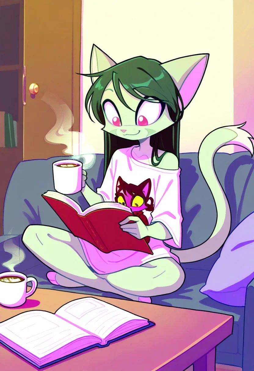 score_9, score_8_up, score_7_up,lilith_calah,
1girl,solo,furry,tail,dark green hair, source_furry,
 ,<lora:lilith_calah_illustrious:0.8>,
child, kid,
 solo, living room, long  hair, , oversized  shirt, large t-shirt,  sitting, reading book, holding steaming coffee mug, relaxed smile, cute, cat, cozy,
t4kar4i_illu, no_outlines, no lineart,
masterpiece, best quality, absurdres, [dynamic pose]