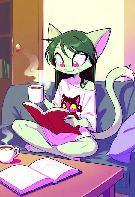 score_9, score_8_up, score_7_up,lilith_calah,
1girl,solo,furry,tail,dark green hair, source_furry,
 ,<lora:lilith_calah_illustrious:0.8>,
child, kid,
 solo, living room, long  hair, , oversized  shirt, large t-shirt,  sitting, reading book, holding steaming coffee mug, relaxed smile, cute, cat, cozy,
t4kar4i_illu, no_outlines, no lineart,
masterpiece, best quality, absurdres, [dynamic pose]