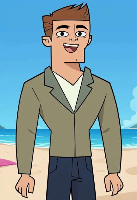 Score_9, cartoon source, toon source, DON, 1boy, solo, Brown hair, black eyes, thin eyebrows, black pupils, round pupils, light green shirt, white shirt, blue pants, happy, beach, blue sky, sunny.