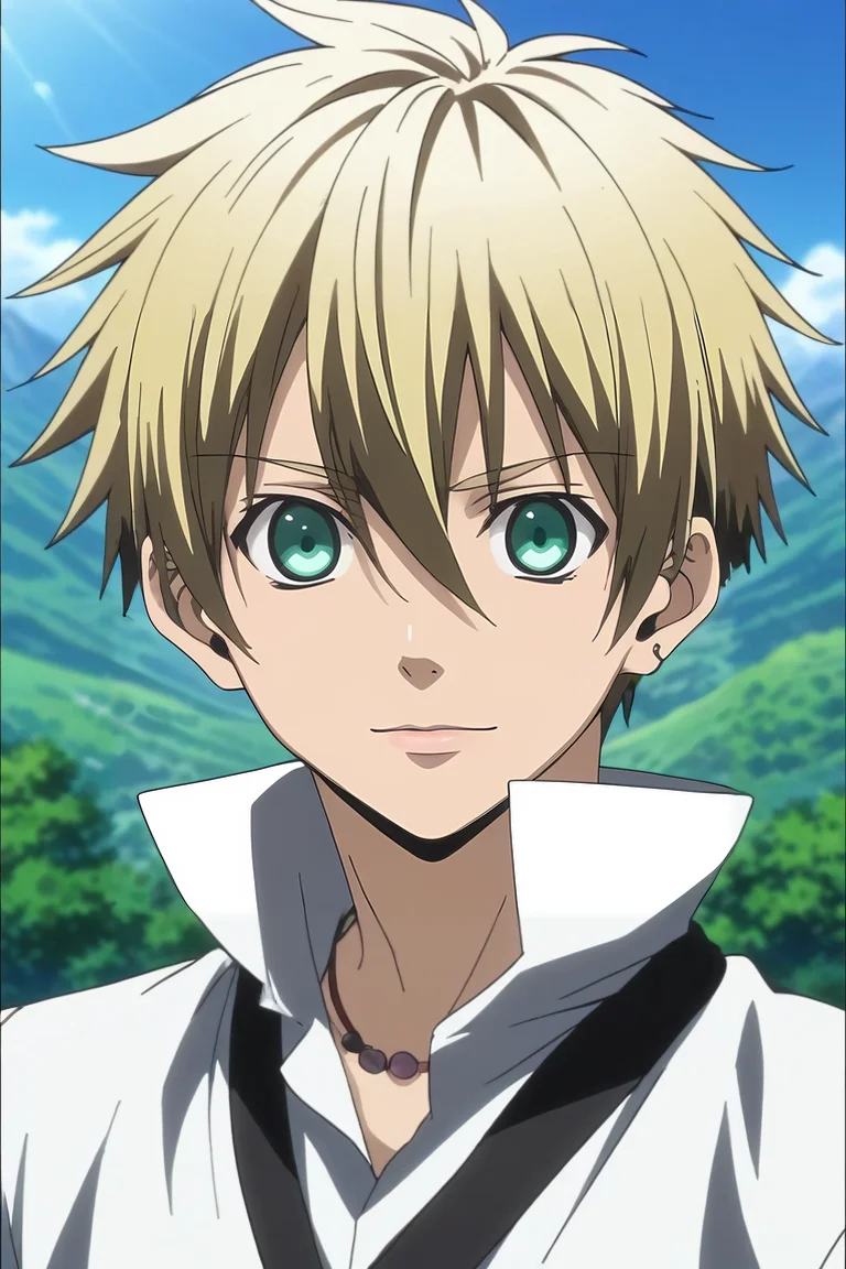 score_9, score_8_up, score_7_up, source_anime, rating_safe, intricate details, anime screencap, anime coloring, official style, looking at viewer, depth of field, 1boy, solo, male focus, <lora:liberta_arcana_famiglia_pony:0.8>, liberta_arcana_famiglia, blonde hair, green eyes, short hair, hair between eyes, wide angle, wide shot, cowboy shot, mountain, light, arms behind back, happy, halloween costume, <lora:sdxl_lightning_8step_lora:1>